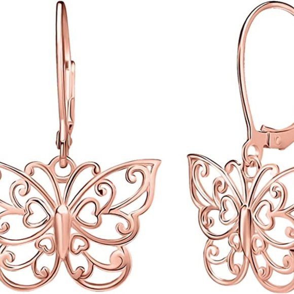 Sterling Silver Butterfly Earrings Filigree Dainty Dangle Drop Leverback